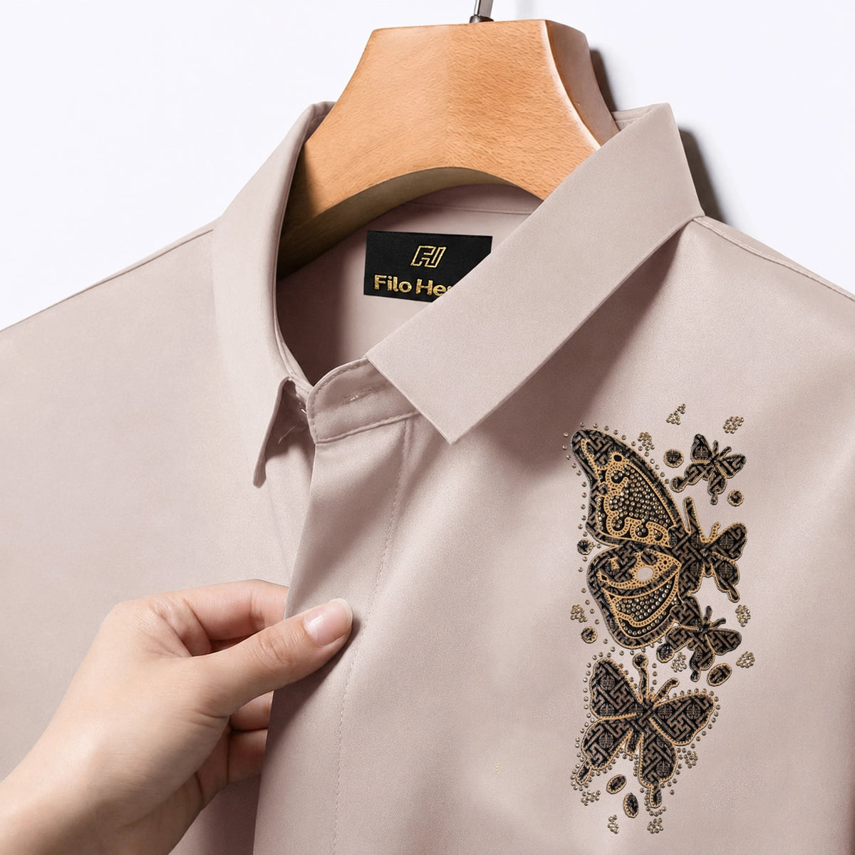 Butterfly Embroidery Party Shirts | Club Wear | Olive