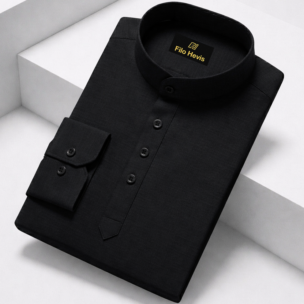 Cotton Chinese Collar Short Kurta for Men | Traditional Nehru Ethnic Shirts | Daily Wear-Black