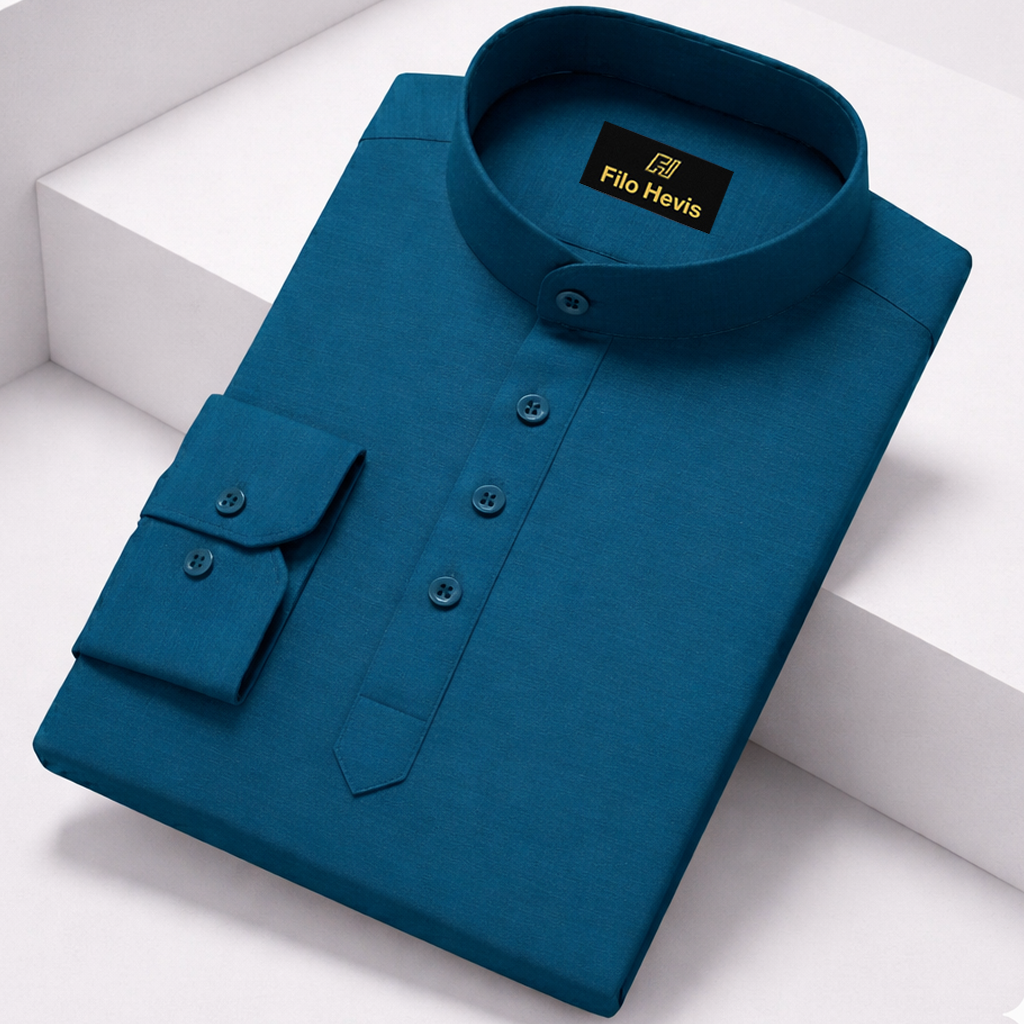 Cotton Chinese Collar Short Kurta for Men | Traditional Nehru Ethnic Shirts | Daily Wear-Teal Blue