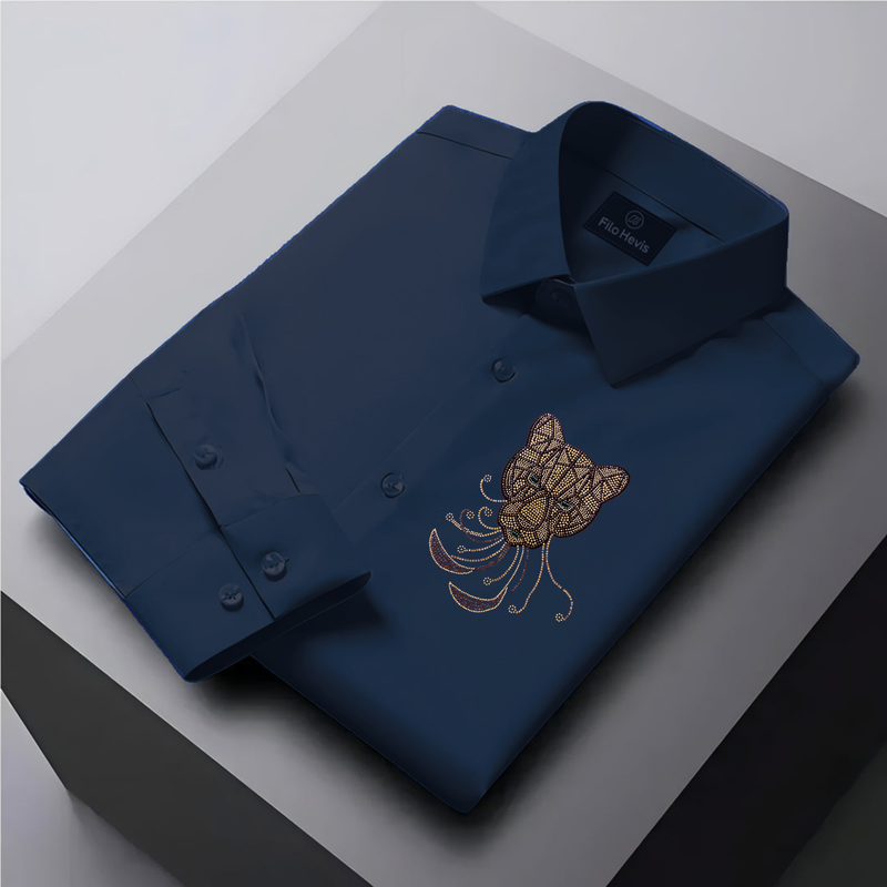 PARTY SHIRTS FOR MEN | PREMIUM SHIRTS | CLUB SHIRTS Tiger Embroidery-Navy-Blue
