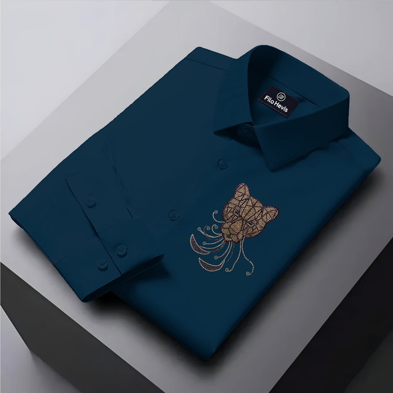 PARTY SHIRTS FOR MEN | PREMIUM SHIRTS | CLUB SHIRTS Tiger Embroidery-Teal Blue