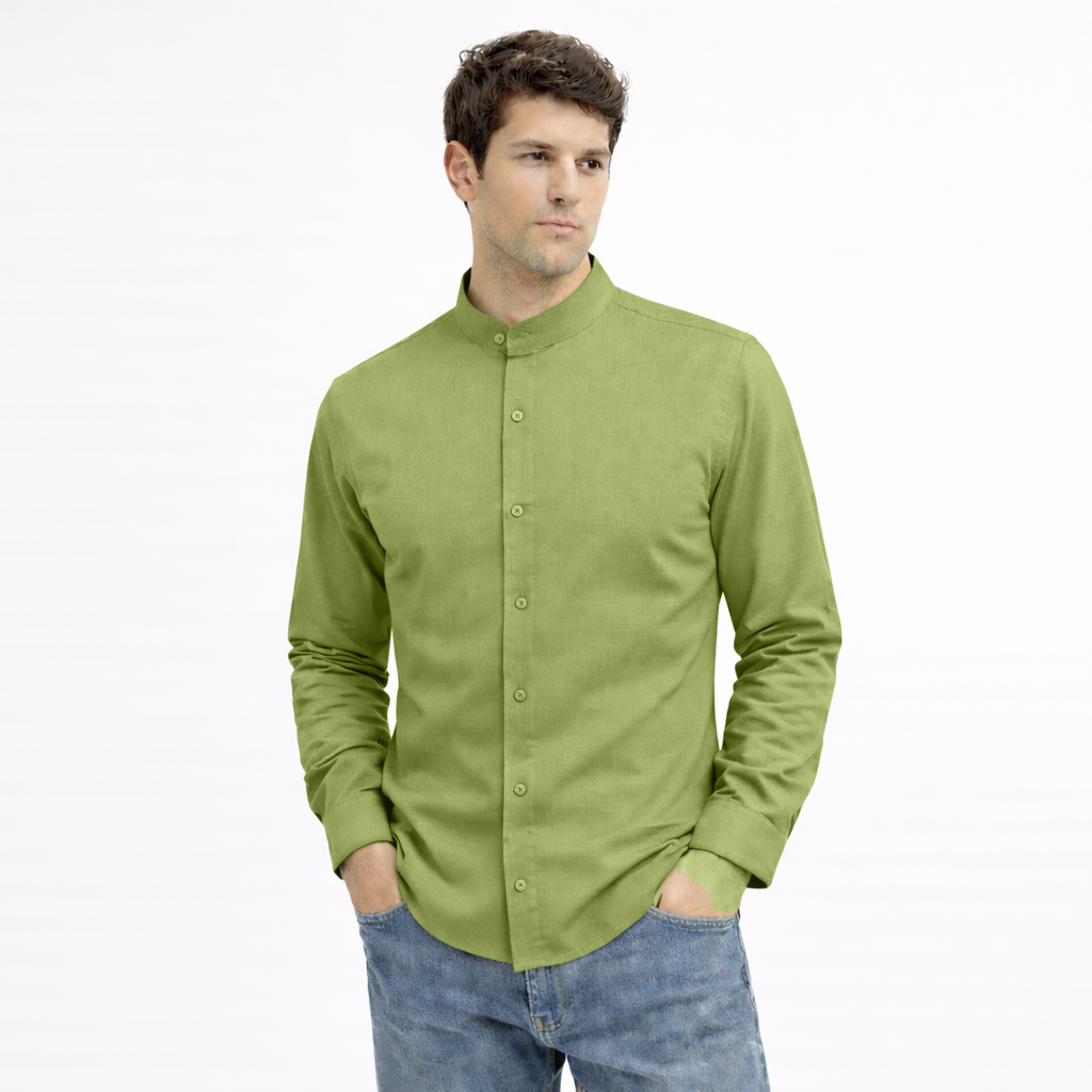 MEN’S CHINESE COLLAR SHIRT | FULL SLEEVE COTTON LINEN T-NECK SHIRT | Green COLOR