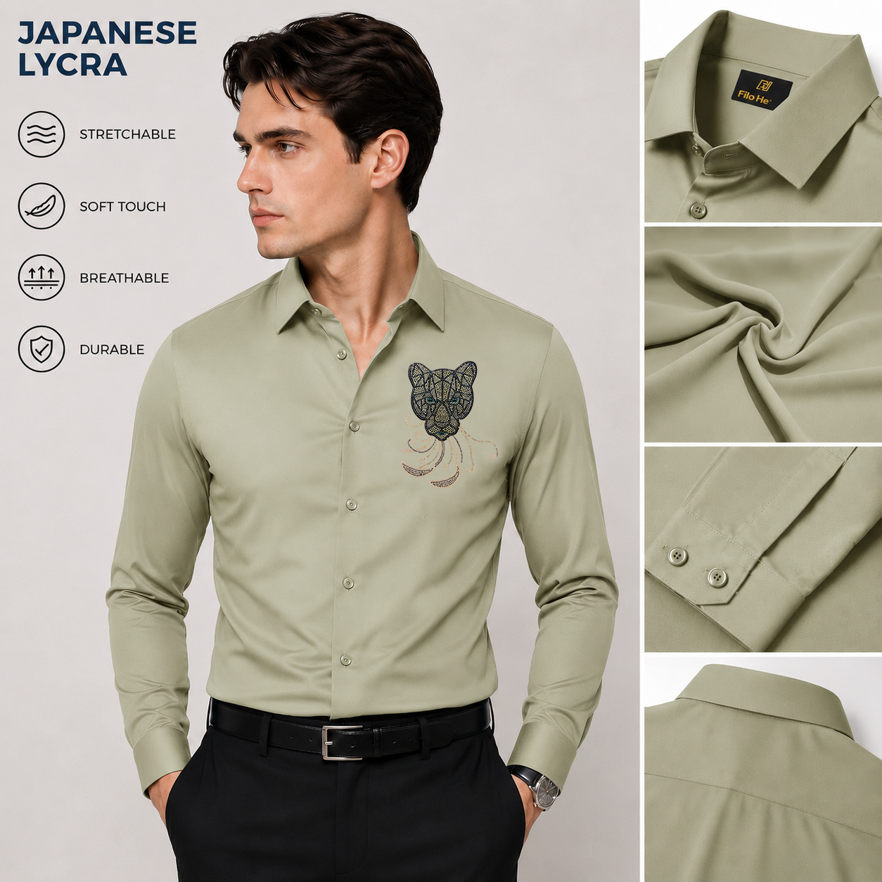 PARTY SHIRTS FOR MEN | PREMIUM SHIRTS | CLUB SHIRTS Tiger Embroidery-Light-Greyish-Green
