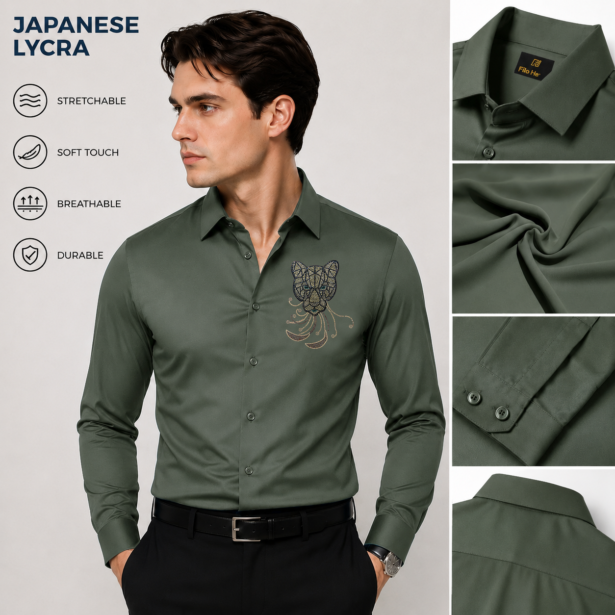 PARTY SHIRTS FOR MEN | PREMIUM SHIRTS | CLUB SHIRTS Tiger Embroidery-Olive-Green