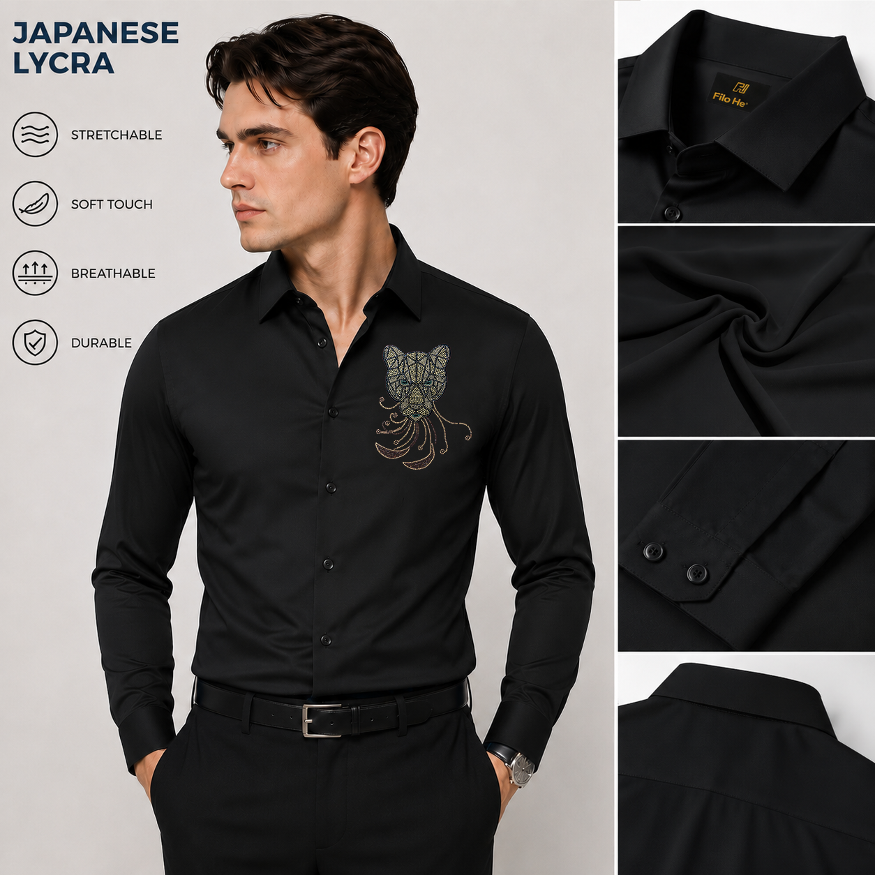 PARTY SHIRTS FOR MEN | PREMIUM SHIRTS | CLUB SHIRTS Tiger Embroidery-Black