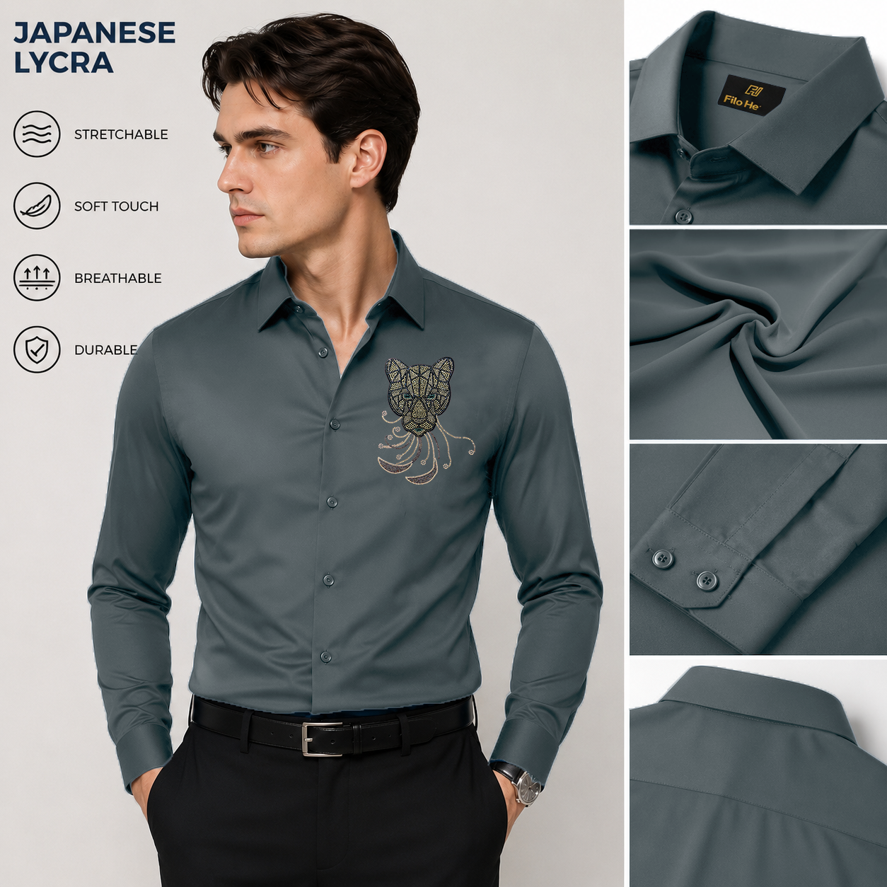 PARTY SHIRTS FOR MEN | PREMIUM SHIRTS | CLUB SHIRTS Tiger Embroidery-Dark Grey