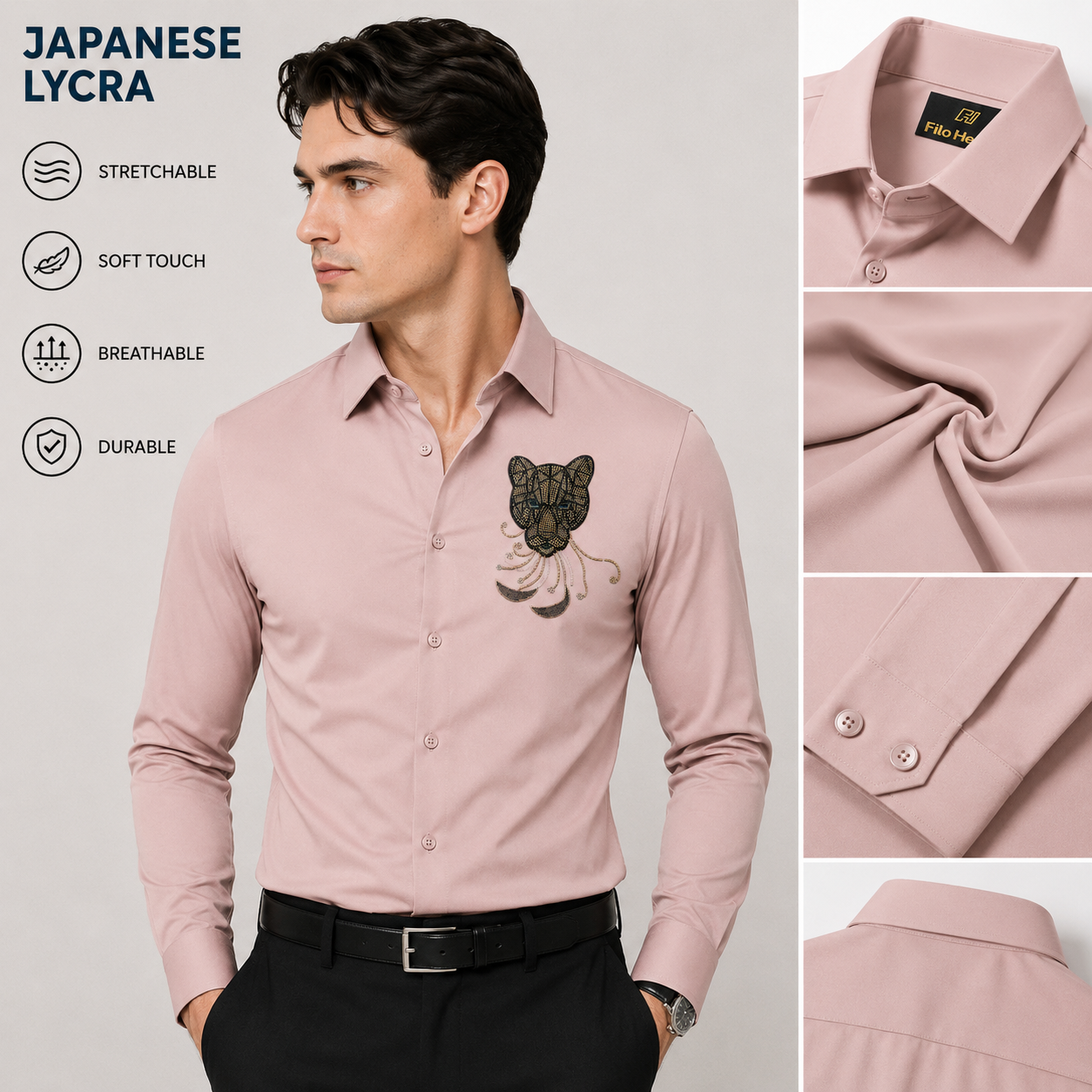PARTY SHIRTS FOR MEN | PREMIUM SHIRTS | CLUB SHIRTS Tiger Embroidery-Peach