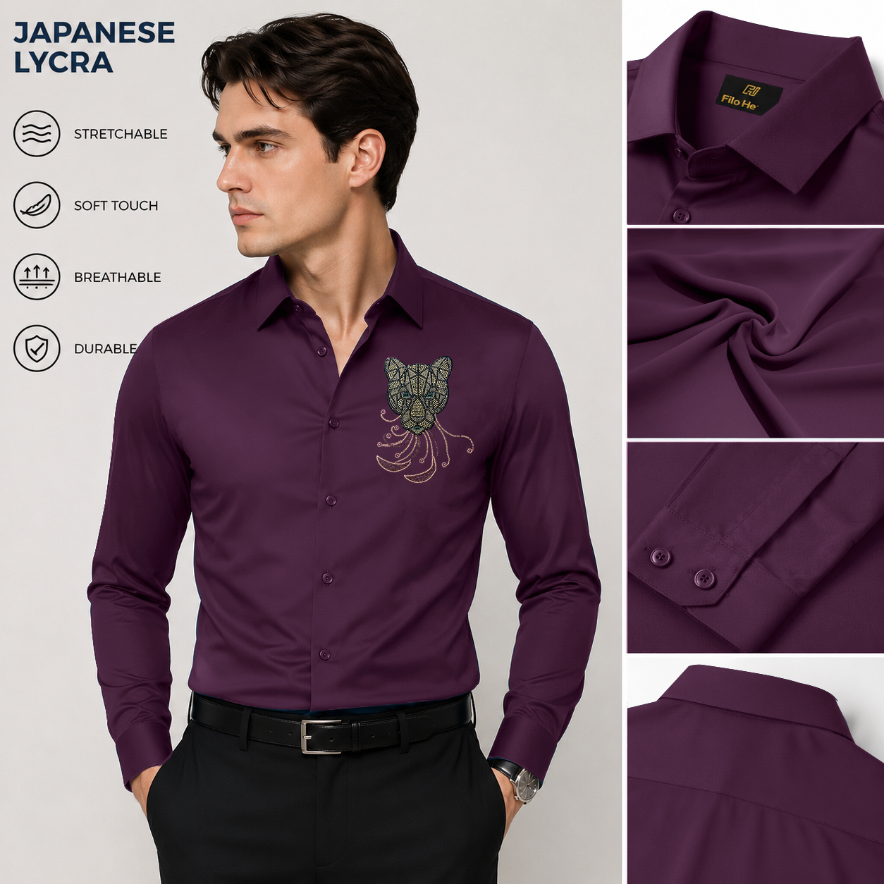 PARTY SHIRTS FOR MEN | PREMIUM SHIRTS | CLUB SHIRTS Tiger Embroidery-Wine