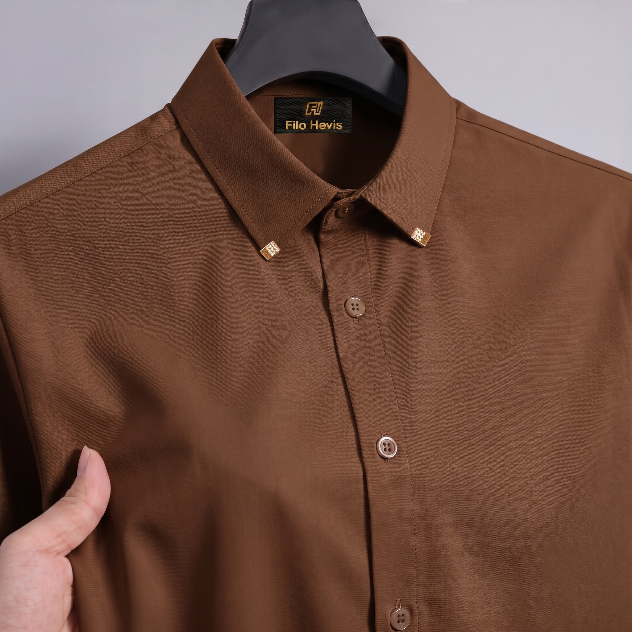 Men's Premium Luxury Formal Shirt with Crystal-Studded Collar Clips | Brown