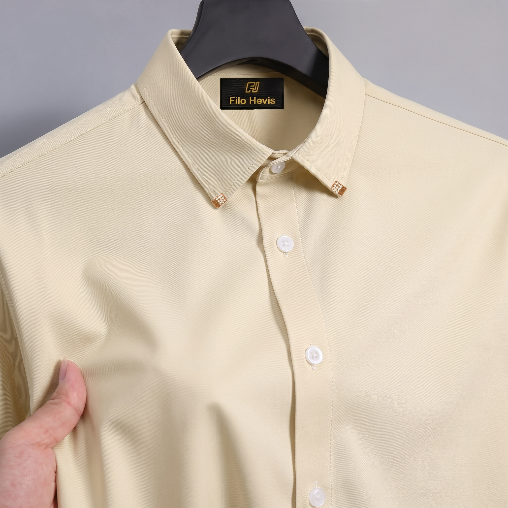 Men's Premium Luxury Formal Shirt with Crystal-Studded Collar Clips | Cream