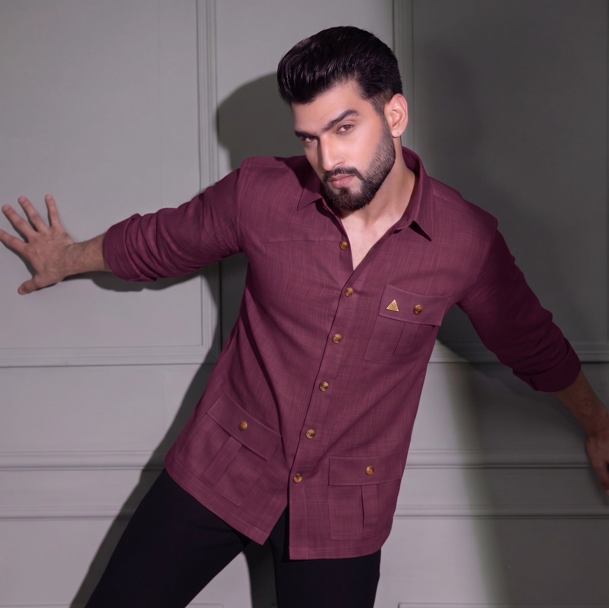 Men's Hunter shirt | Multi Pockets | Linen Texture | Wine