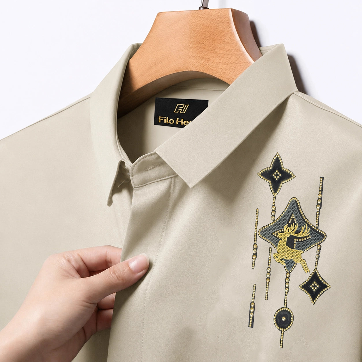 PARTY SHIRTS FOR MEN | PREMIUM SHIRTS | CLUB SHIRTS Deer Embroidery-Beige