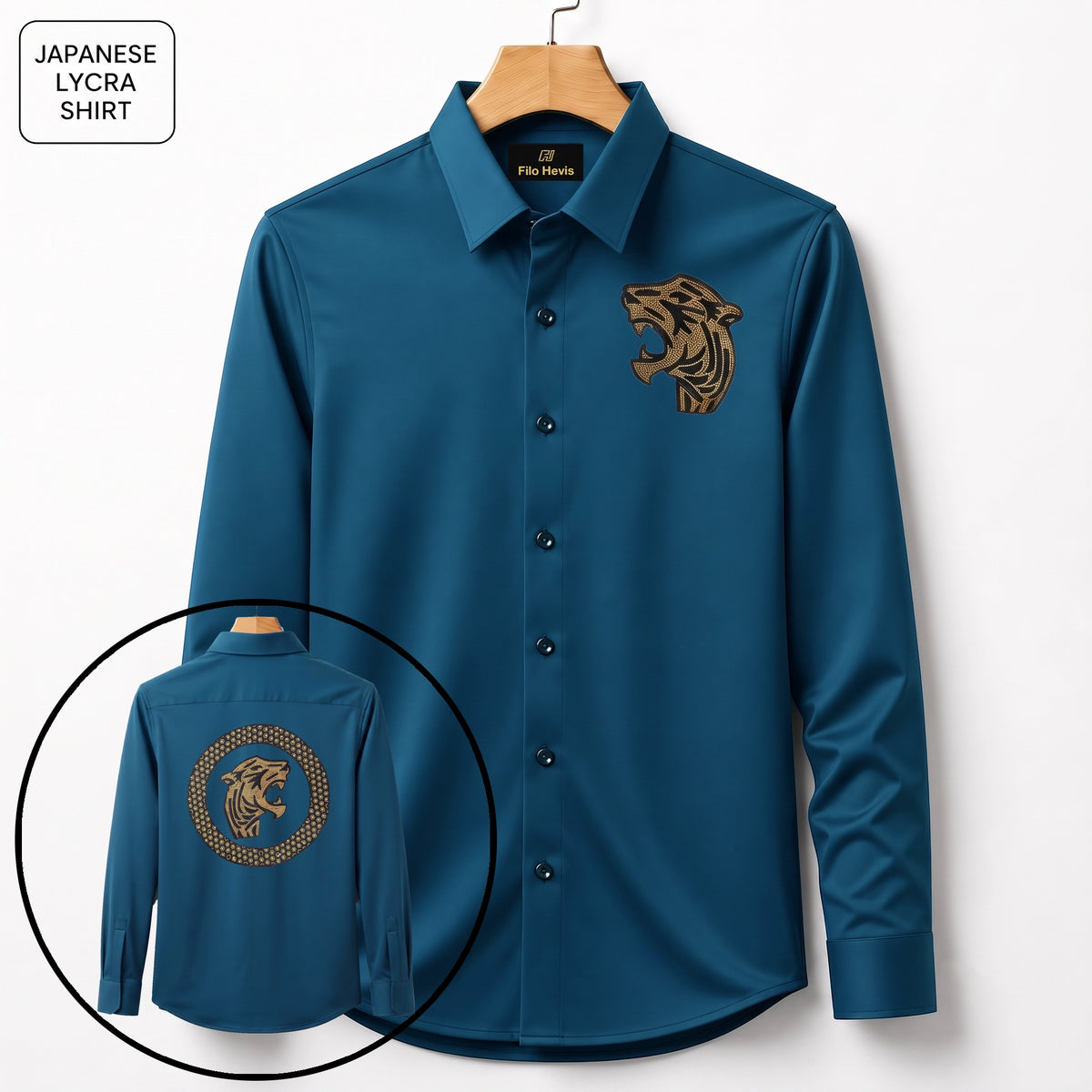 Front & Back Tiger Embroidery Party Shirts | Club Wear | Teal Blue