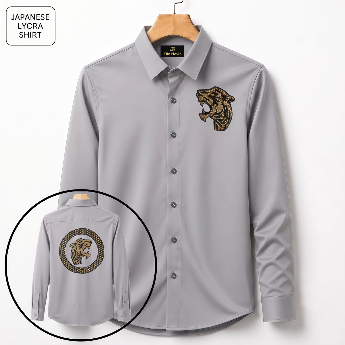 Front & Back Tiger Embroidery Party Shirts | Club Wear | Light Grey