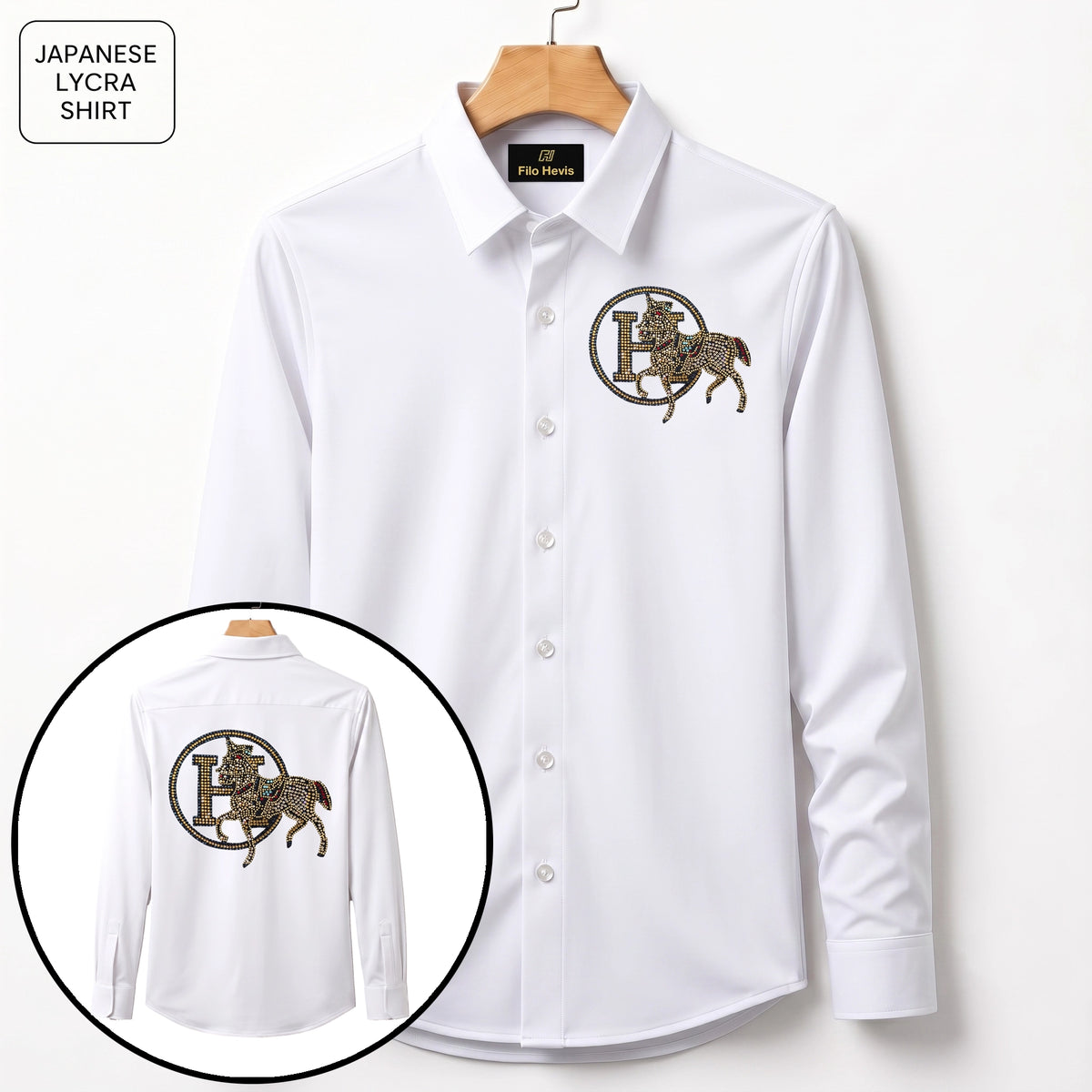 Front & Back Horse Embroidery Party Shirts | Club Wear | White