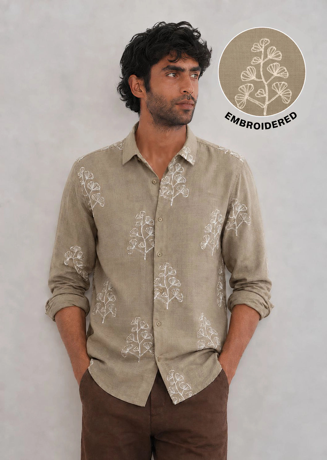 Embroidered Botanical Linen Shirt-Beige