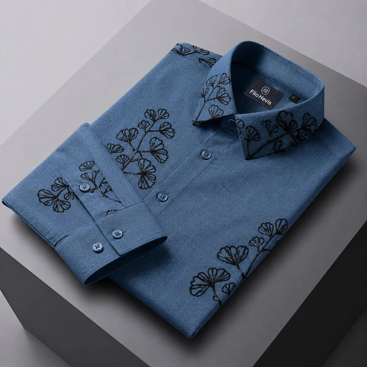 Embroidered Botanical Linen Shirt-Blue