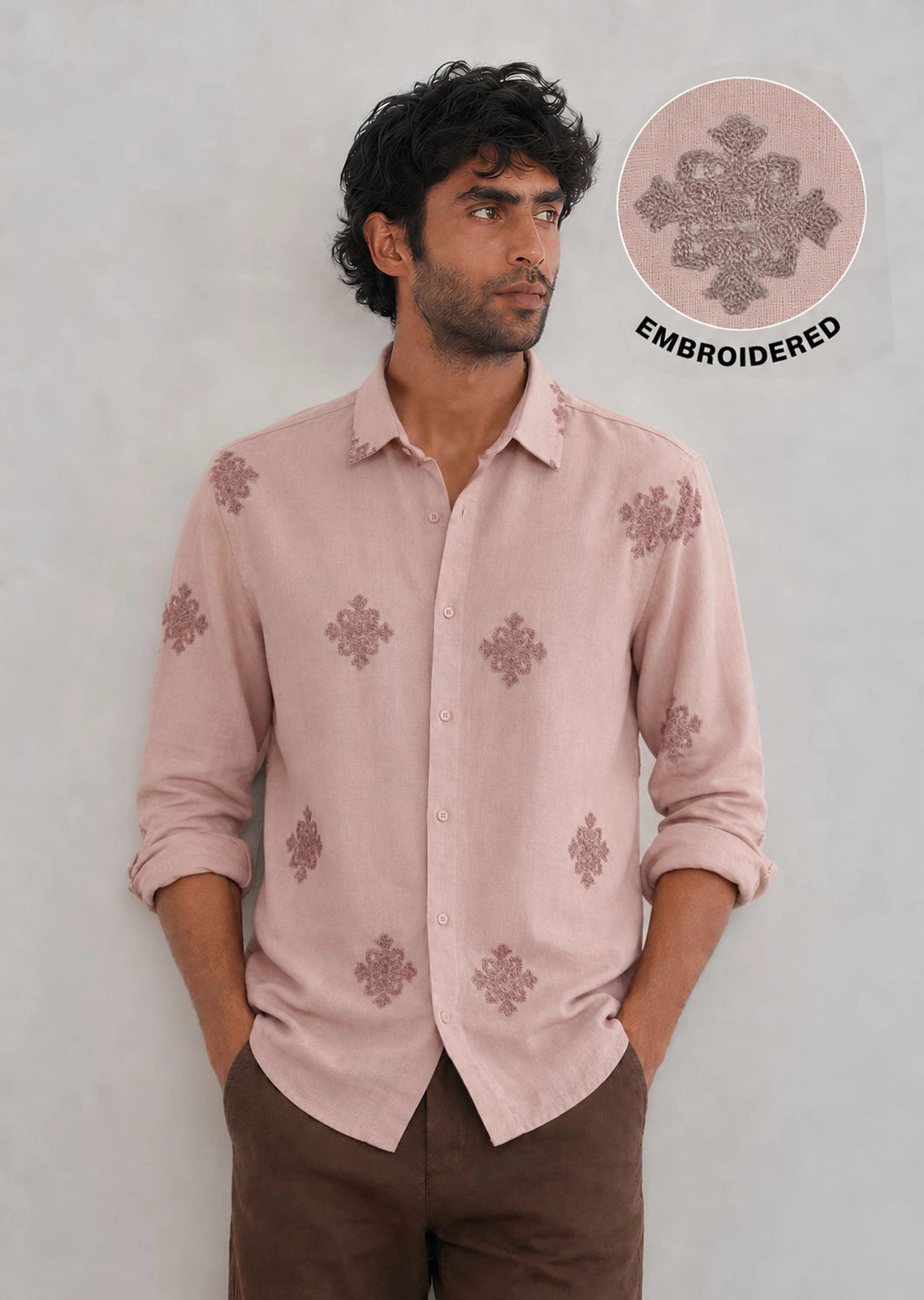 Embroidered Botanical Linen Shirt-Light-Pink