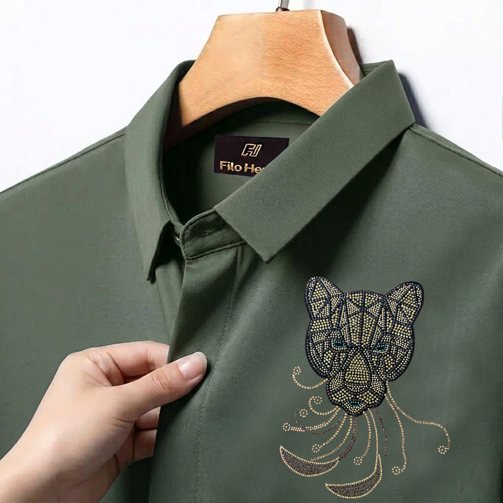 PARTY SHIRTS FOR MEN | PREMIUM SHIRTS | CLUB SHIRTS Tiger Embroidery-Olive-Green