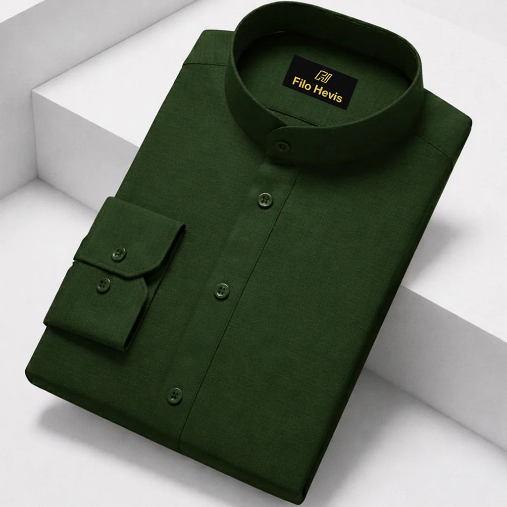 MEN’S CHINESE COLLAR SHIRT | FULL SLEEVE COTTON LINEN T-NECK SHIRT | DARK GREEN COLOR