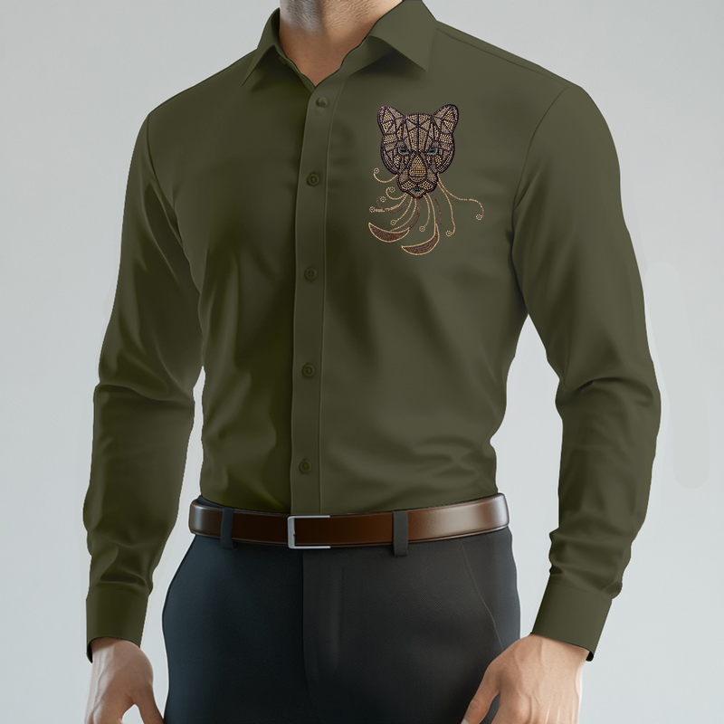 PARTY SHIRTS FOR MEN | PREMIUM SHIRTS | CLUB SHIRTS Tiger Embroidery-Mehndi-Green