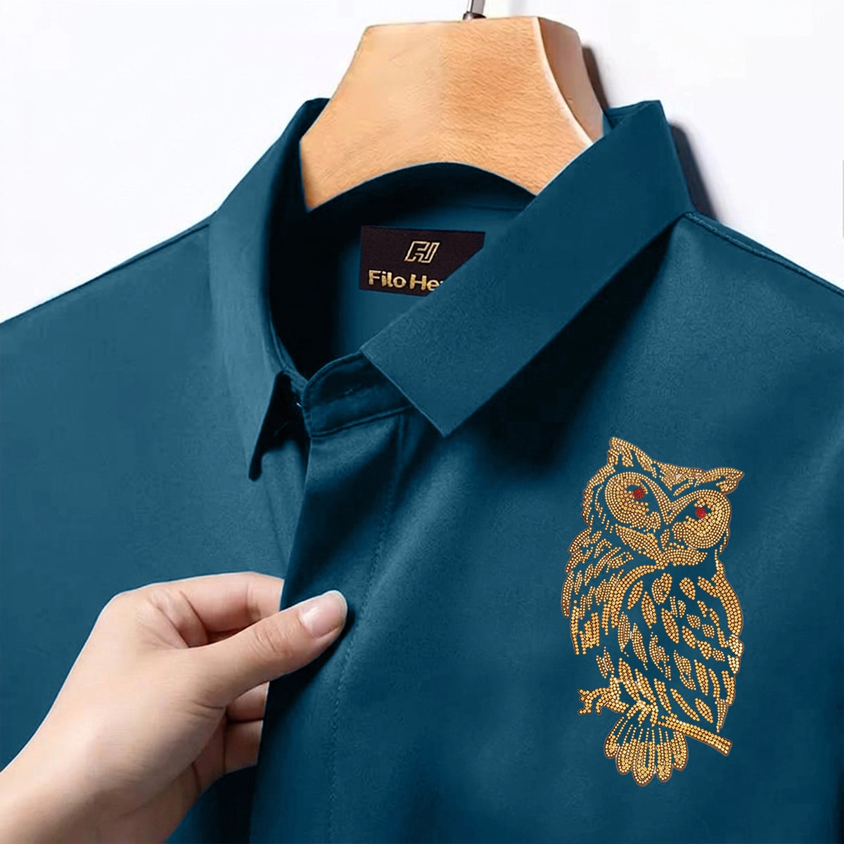 Owl Embroidery Party Shirts | Club Wear | Teal Blue