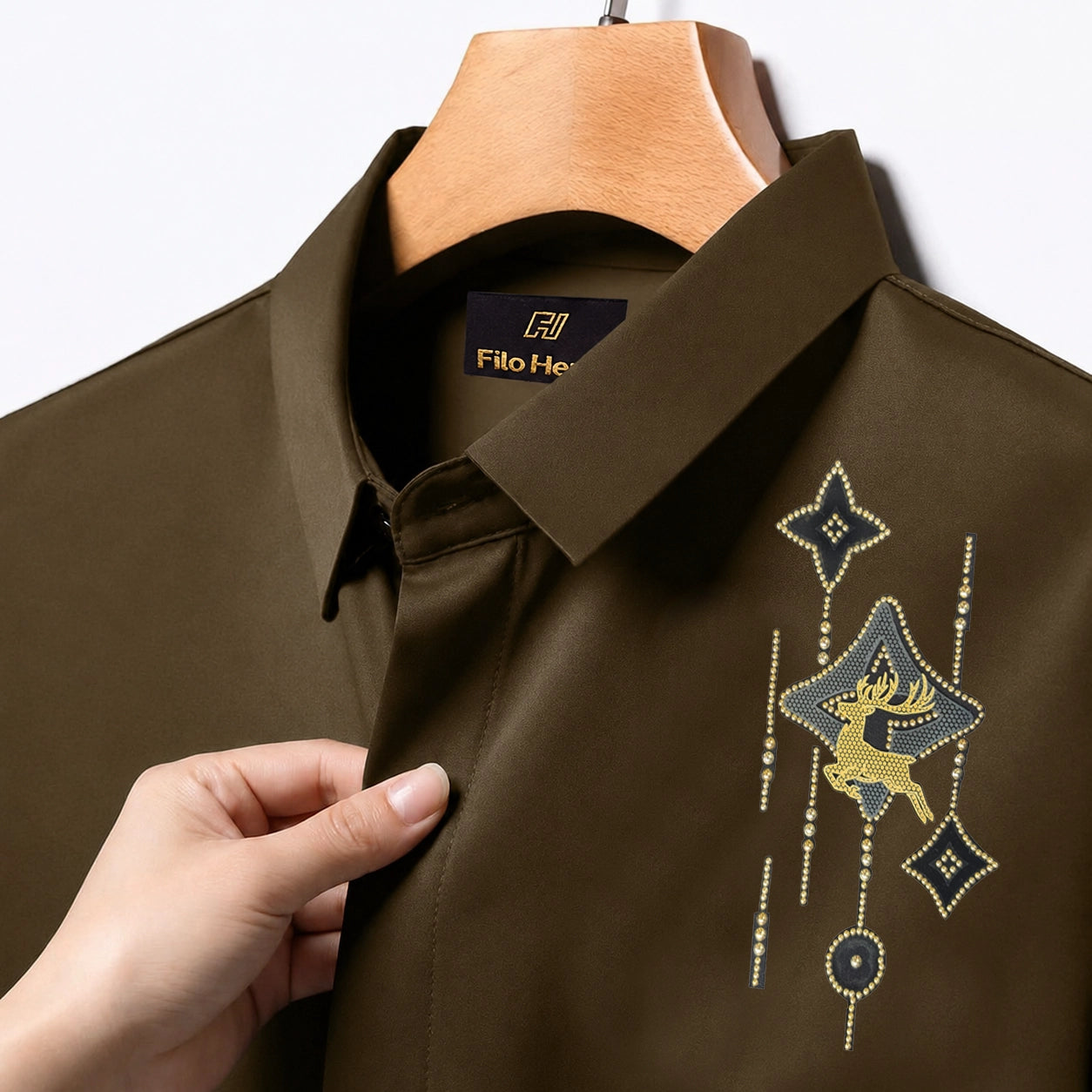 PARTY SHIRTS FOR MEN | PREMIUM SHIRTS | CLUB SHIRTS Deer Embroidery-Light-Brown