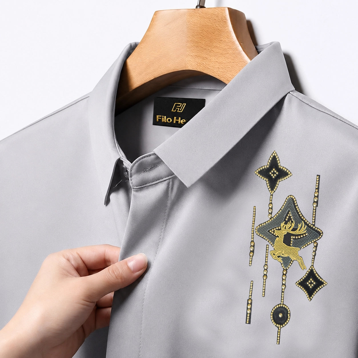 PARTY SHIRTS FOR MEN | PREMIUM SHIRTS | CLUB SHIRTS Deer Embroidery-Light Grey