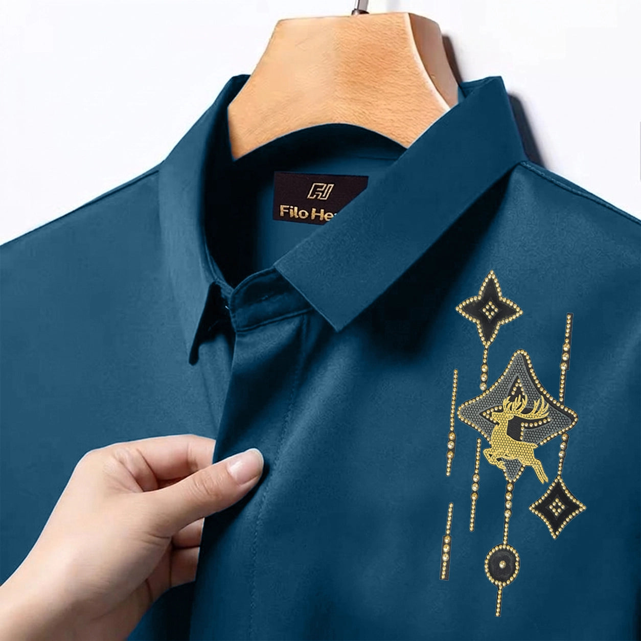 PARTY SHIRTS FOR MEN | PREMIUM SHIRTS | CLUB SHIRTS Deer Embroidery-Teal blue