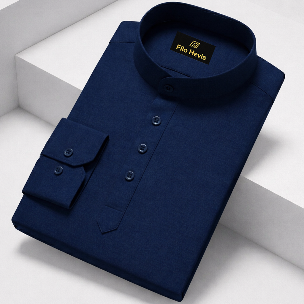 Cotton Chinese Collar Short Kurta for Men | Traditional Nehru Ethnic Shirts | Daily Wear-Navy Blue