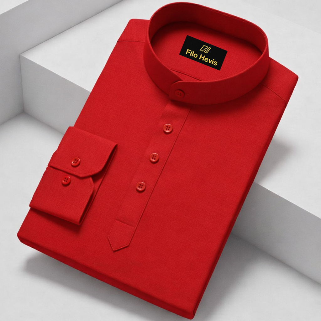 Cotton Chinese Collar Short Kurta for Men | Traditional Nehru Ethnic Shirts | Daily Wear-Red