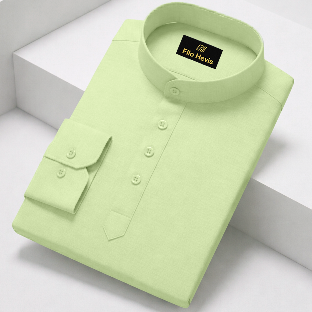 Cotton Chinese Collar Short Kurta for Men | Traditional Nehru Ethnic Shirts | Daily Wear-Light-Green