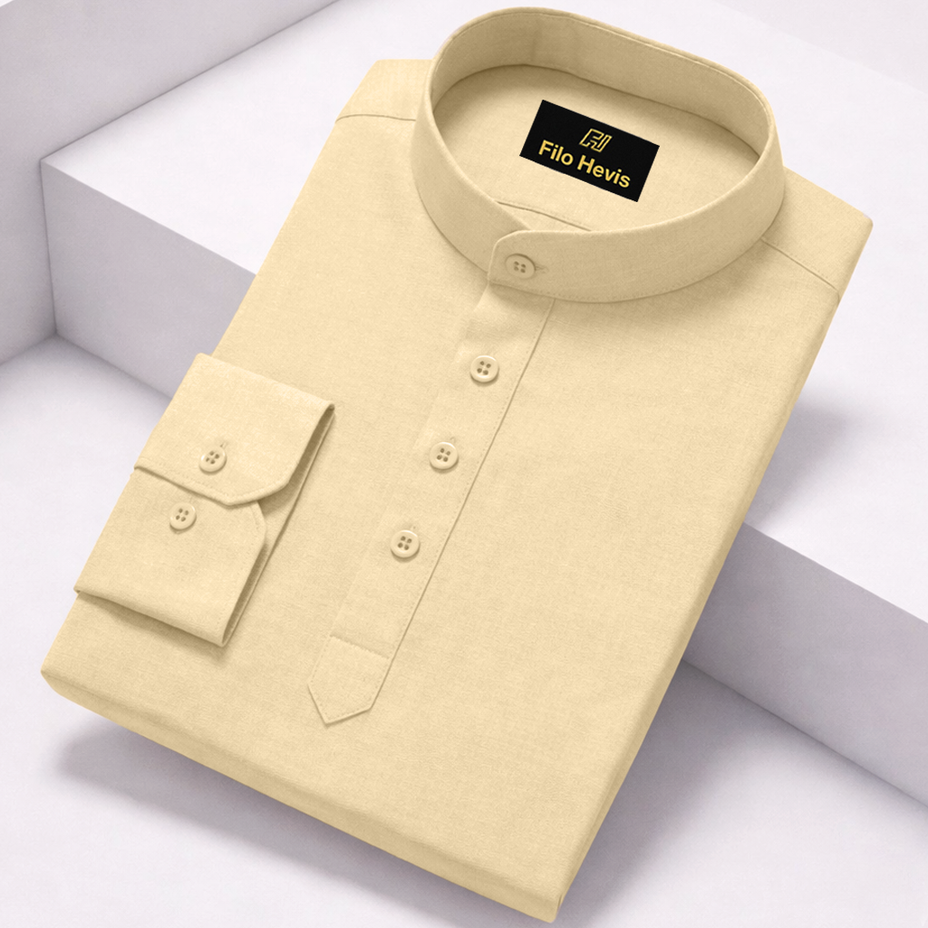 Cotton Chinese Collar Short Kurta for Men | Traditional Nehru Ethnic Shirts | Daily Wear-Cream