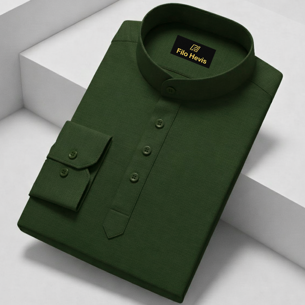 Cotton Chinese Collar Short Kurta for Men | Traditional Nehru Ethnic Shirts | Daily Wear-Dark Green/Phthalo Green