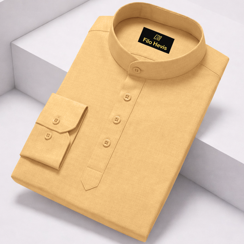 Cotton Chinese Collar Short Kurta for Men | Traditional Nehru Ethnic Shirts | Daily Wear-Beige