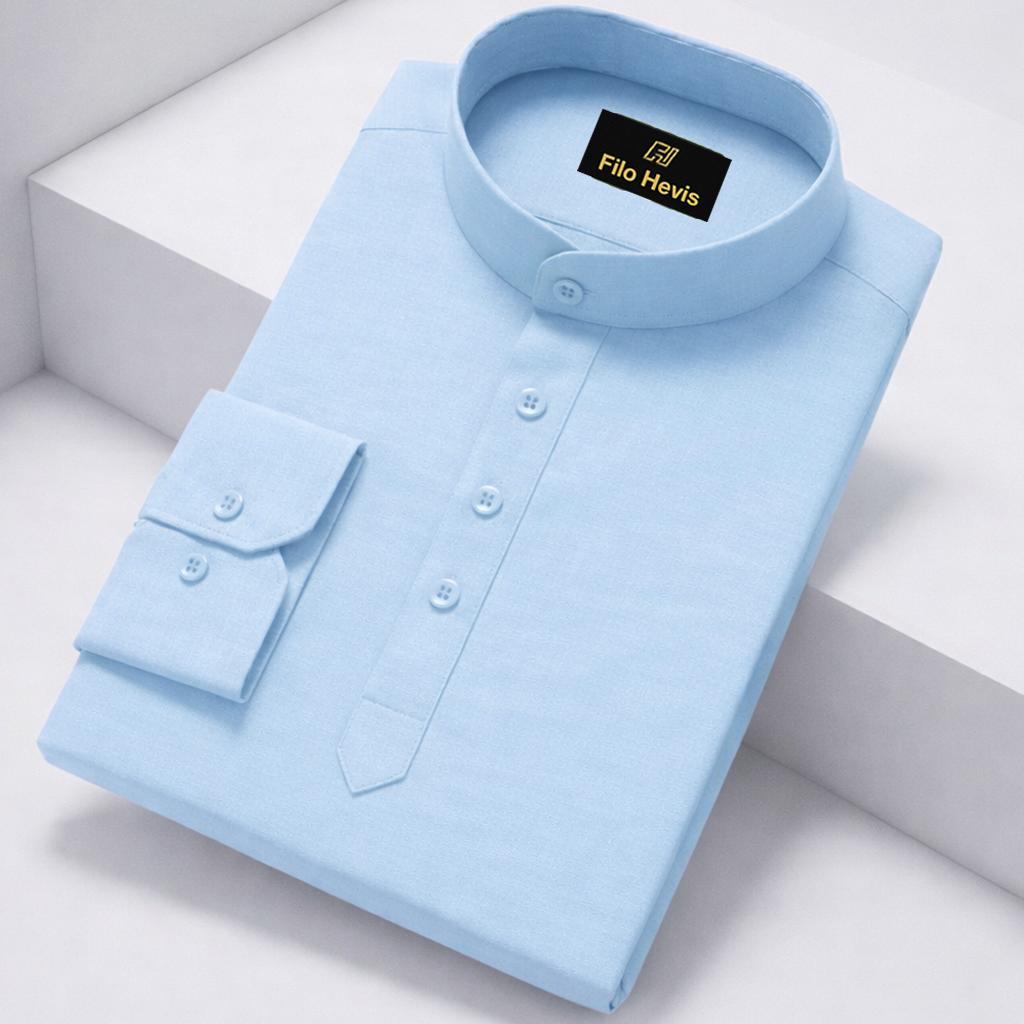 Cotton Chinese Collar Short Kurta for Men | Traditional Nehru Ethnic Shirts | Daily Wear-Sky