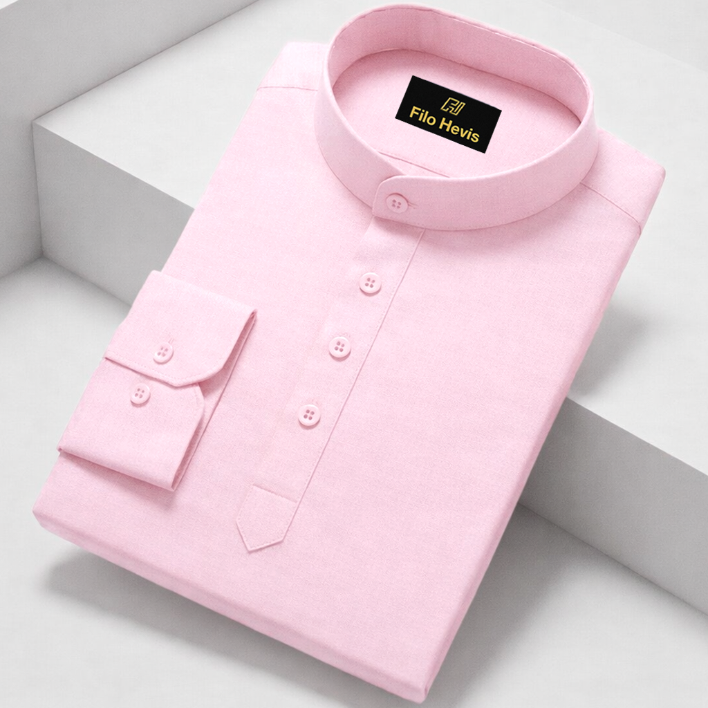 Cotton Chinese Collar Short Kurta for Men | Traditional Nehru Ethnic Shirts | Daily Wear-Pink