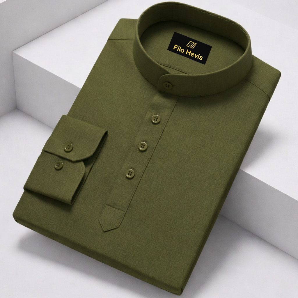 Cotton Chinese Collar Short Kurta for Men | Traditional Nehru Ethnic Shirts | Daily Wear-Olive Green