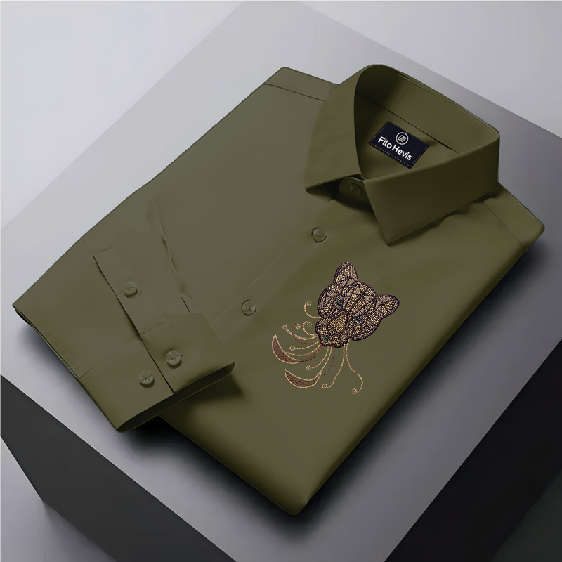 PARTY SHIRTS FOR MEN | PREMIUM SHIRTS | CLUB SHIRTS Tiger Embroidery-Mehndi-Green