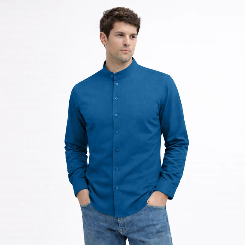 MEN’S CHINESE COLLAR SHIRT | FULL SLEEVE COTTON LINEN T-NECK SHIRT | Teal Blue COLOR