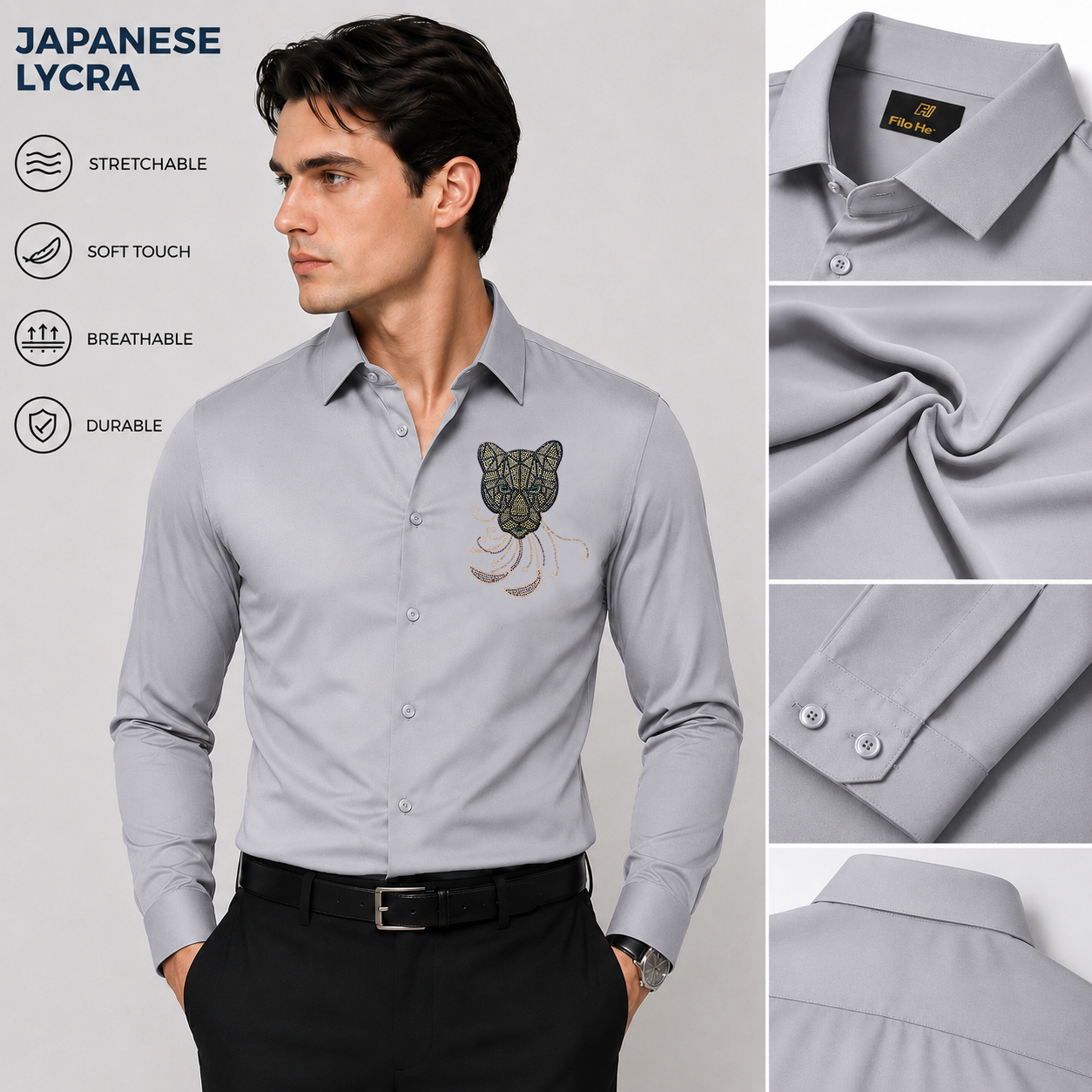 PARTY SHIRTS FOR MEN | PREMIUM SHIRTS | CLUB SHIRTS Tiger Embroidery-Light Grey