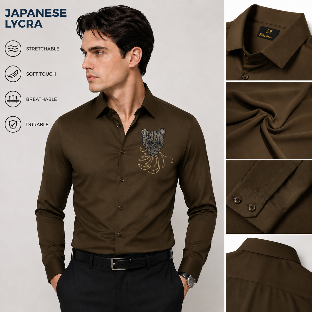 PARTY SHIRTS FOR MEN | PREMIUM SHIRTS | CLUB SHIRTS Tiger Embroidery-Light-Brown