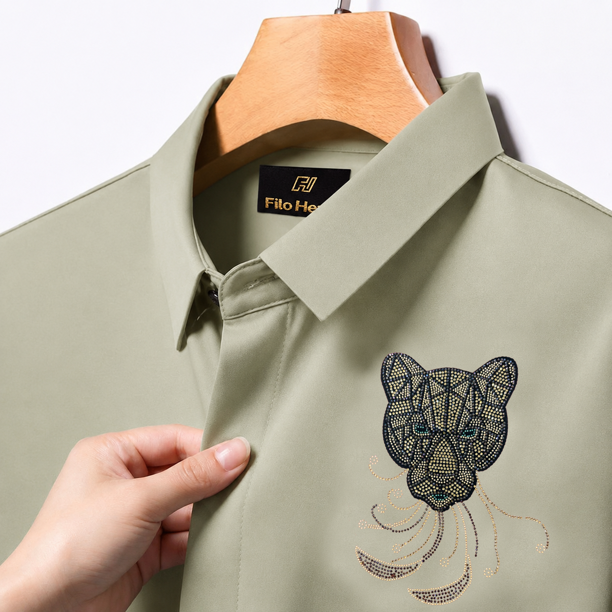 PARTY SHIRTS FOR MEN | PREMIUM SHIRTS | CLUB SHIRTS Tiger Embroidery-Light-Greyish-Green