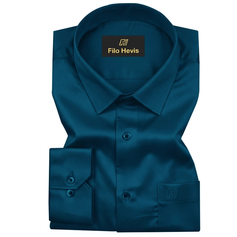 PLATINUM COTTON SATIN FORMAL SHIRT FOR MEN (Single Pocket)-Teal Blue