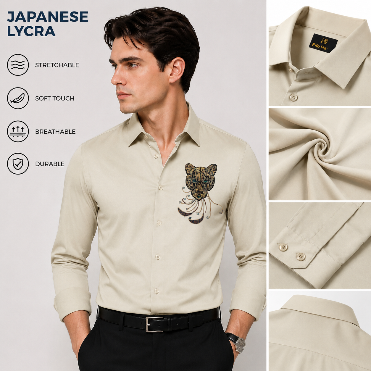 PARTY SHIRTS FOR MEN | PREMIUM SHIRTS | CLUB SHIRTS Tiger Embroidery-Cream