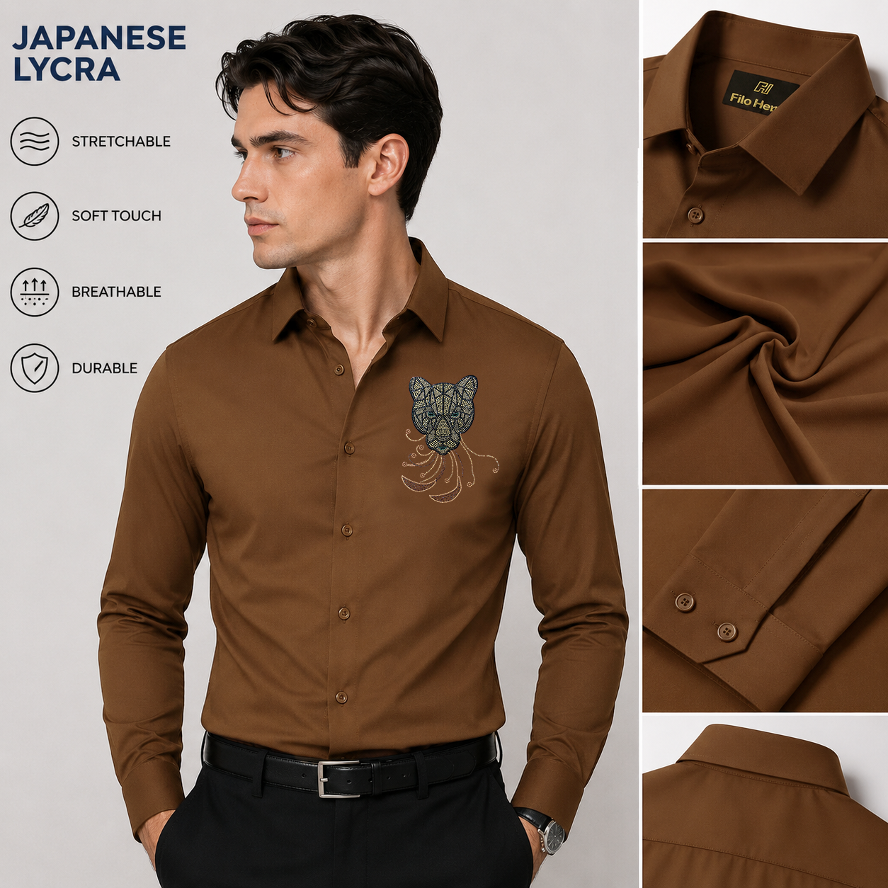 PARTY SHIRTS FOR MEN | PREMIUM SHIRTS | CLUB SHIRTS Tiger Embroidery-Brown