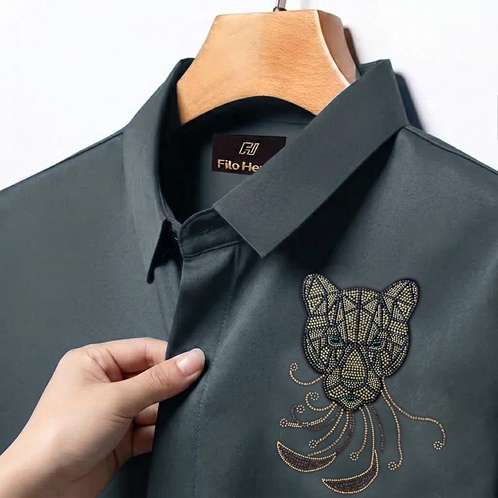 PARTY SHIRTS FOR MEN | PREMIUM SHIRTS | CLUB SHIRTS Tiger Embroidery-Dark Grey