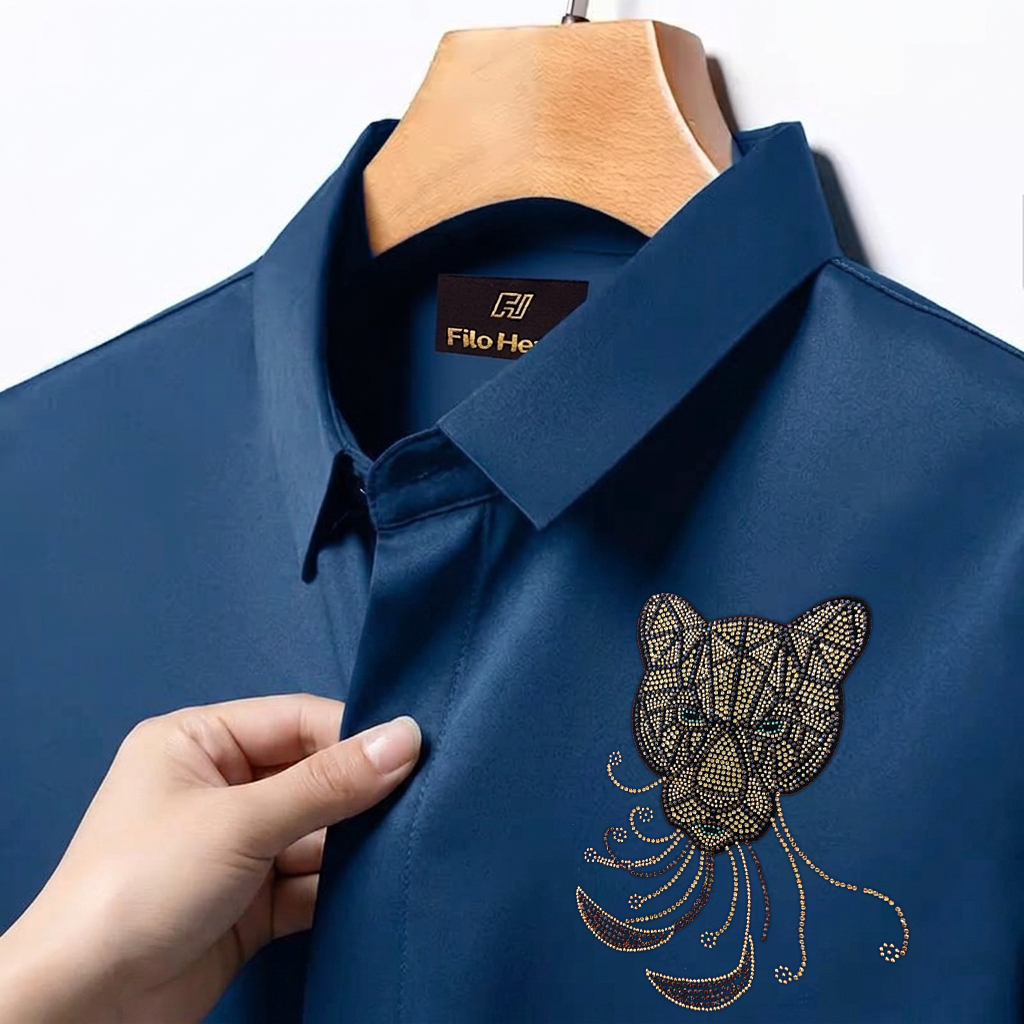 PARTY SHIRTS FOR MEN | PREMIUM SHIRTS | CLUB SHIRTS Tiger Embroidery-Teal-Blue
