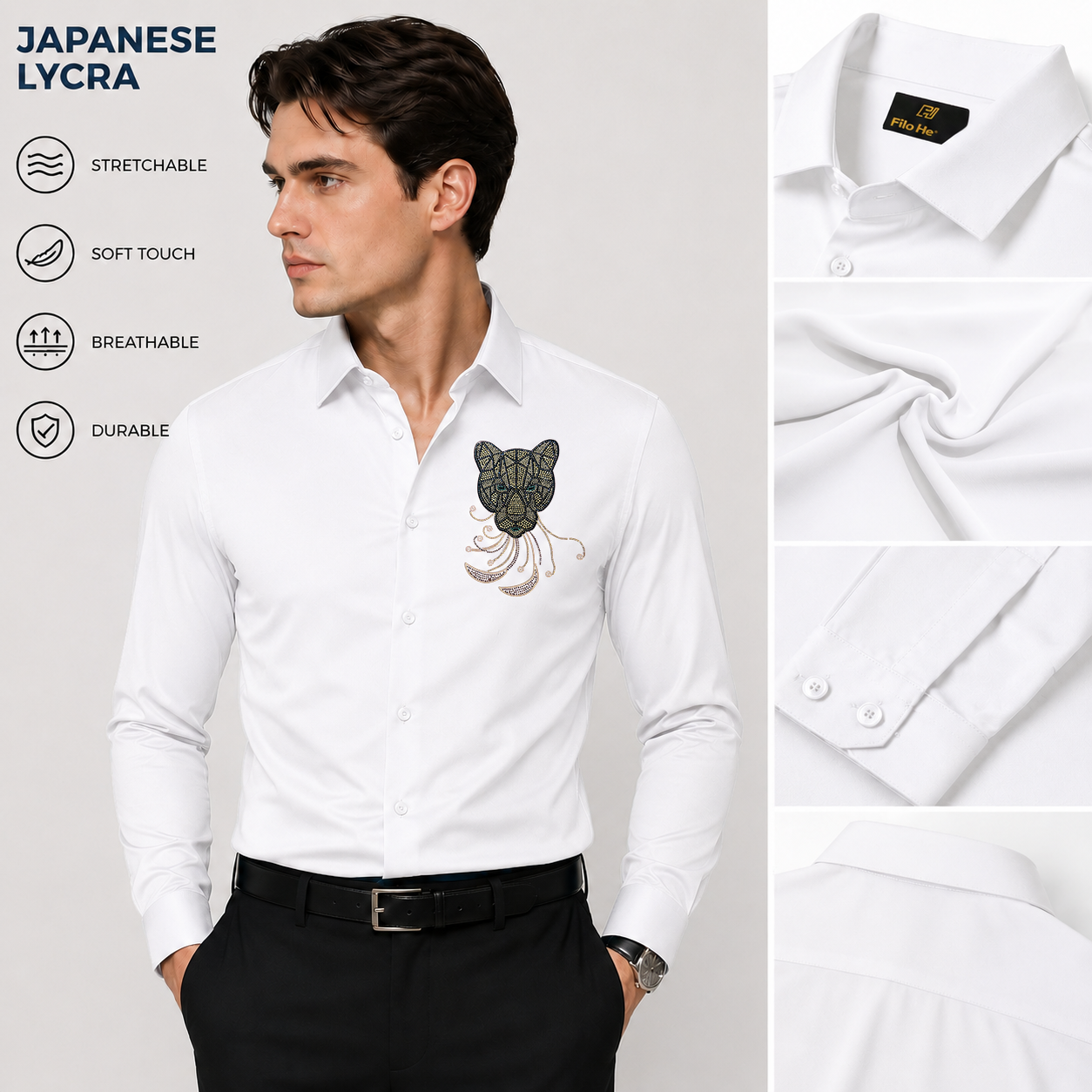 PARTY SHIRTS FOR MEN | PREMIUM SHIRTS | CLUB SHIRTS Tiger Embroidery-White