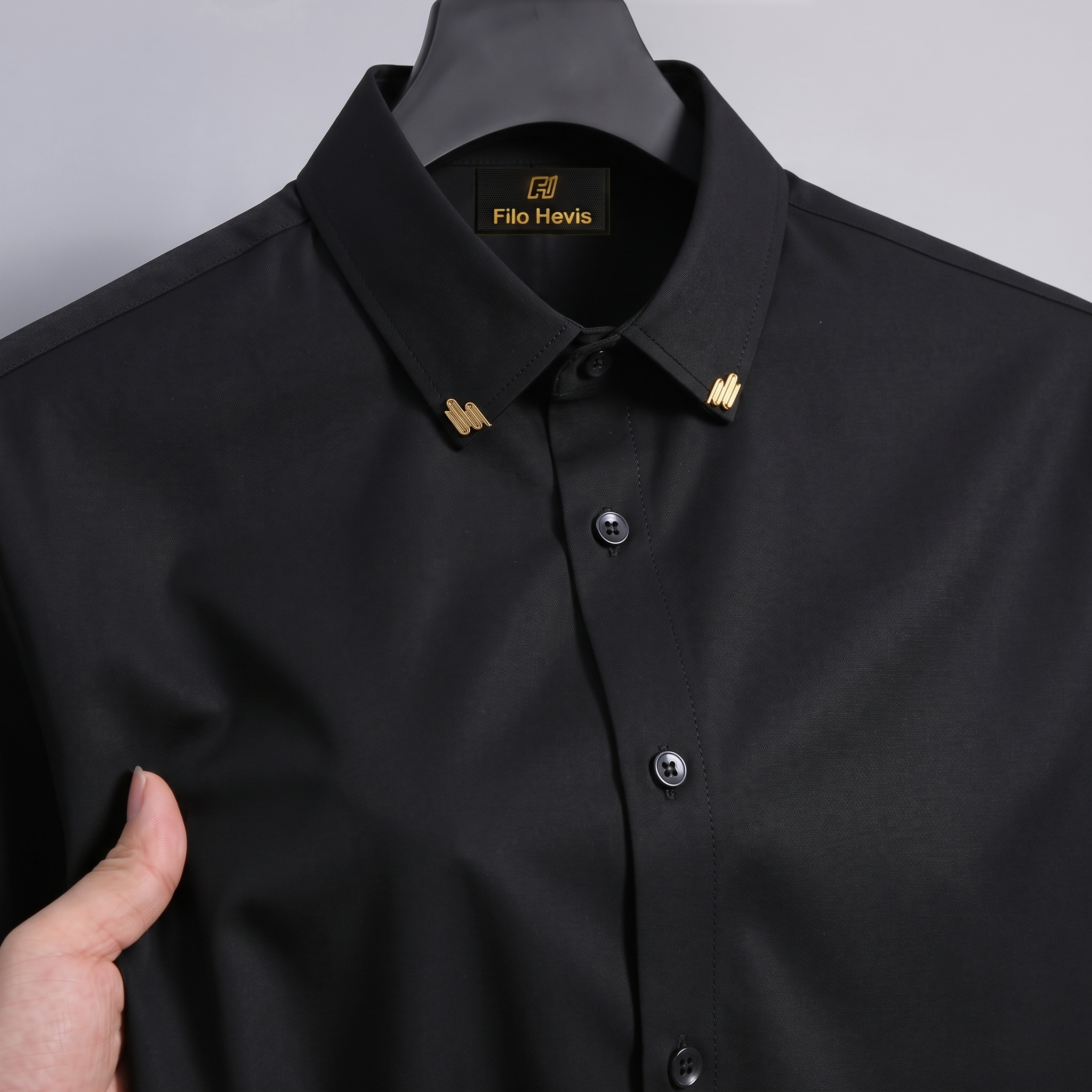 Men's Premium Stretch Formal Shirt with Gold Collar Pins | Wrinkle-Resistant | Party & Office Wear | Black